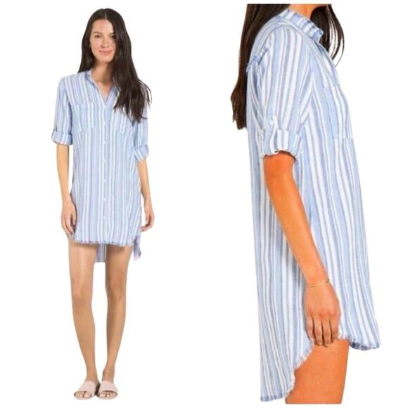 Anthropology Cloth & Stone Blue & White Stripe Frayed Hem Denim Dress SZ S $139 - Picture 3 of 16